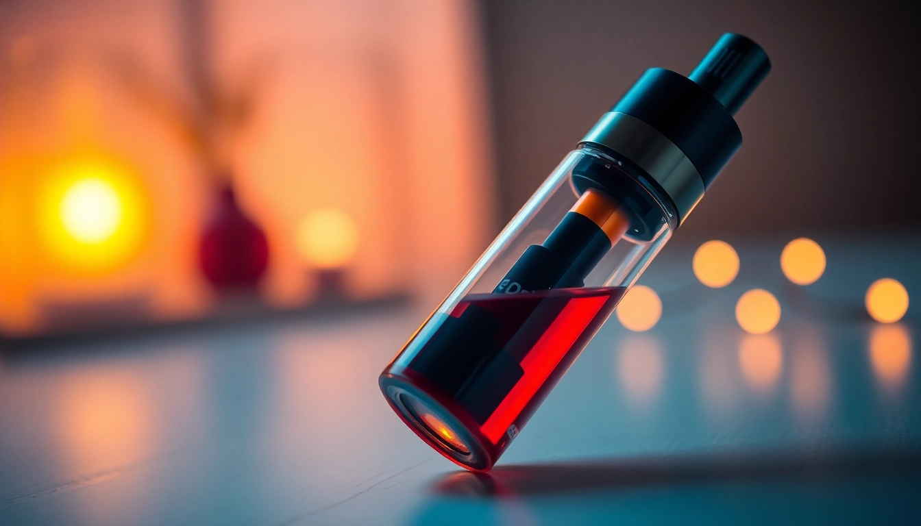 Buy Thc vape oil Saudi with a sleek vape pen featuring colorful THC vape juice against a soft-focused backdrop.